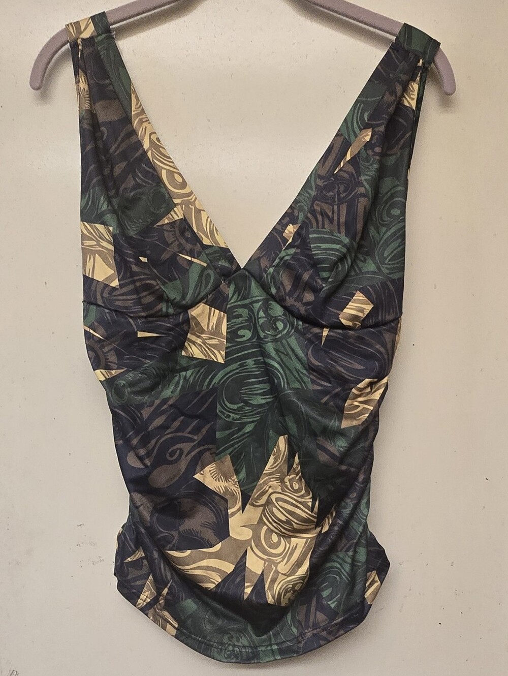 Womens V-Neck Tank Green & Gold Print